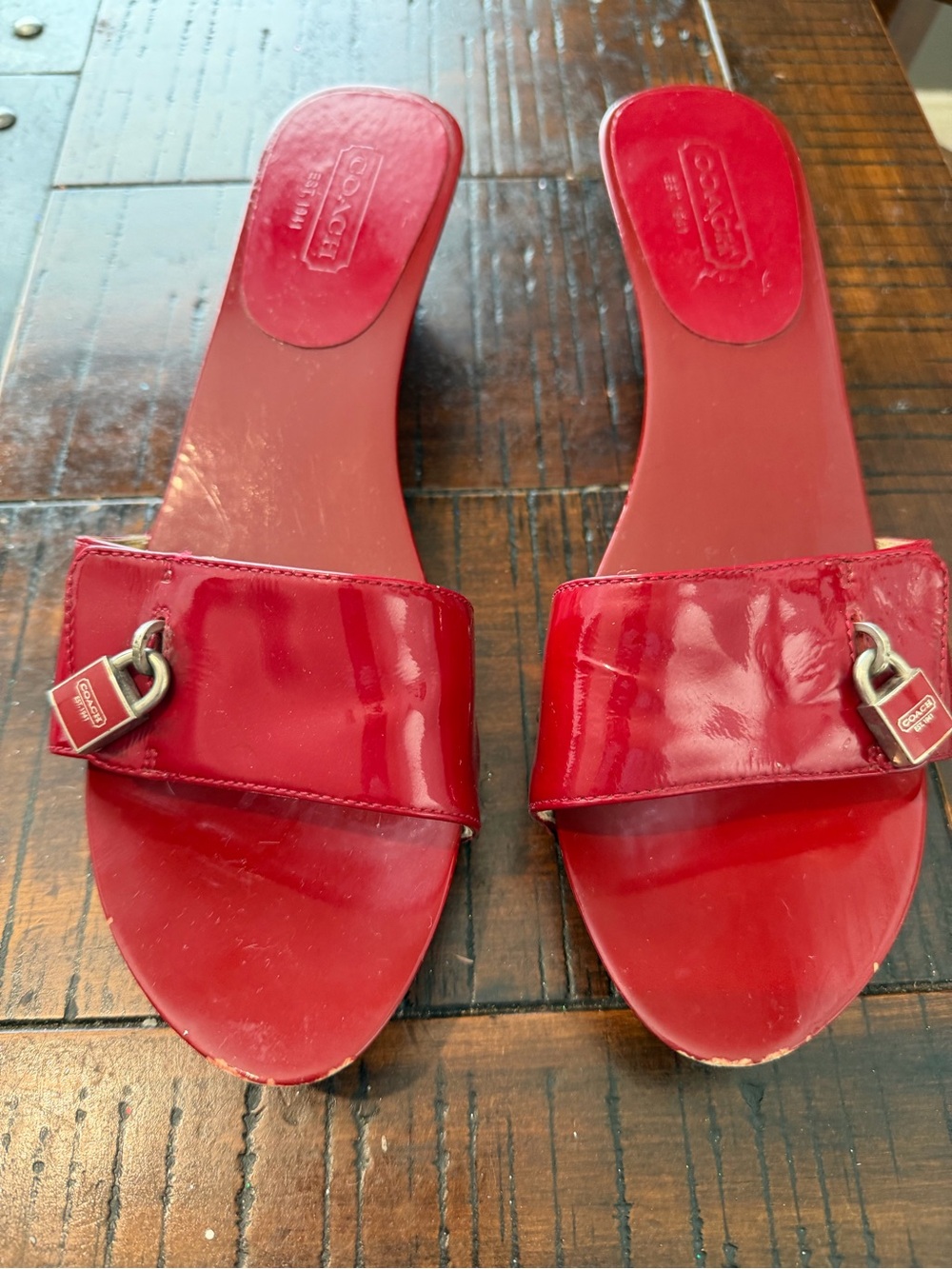 Coach Red Patent Slide Sandals with Logo Padlock Charm